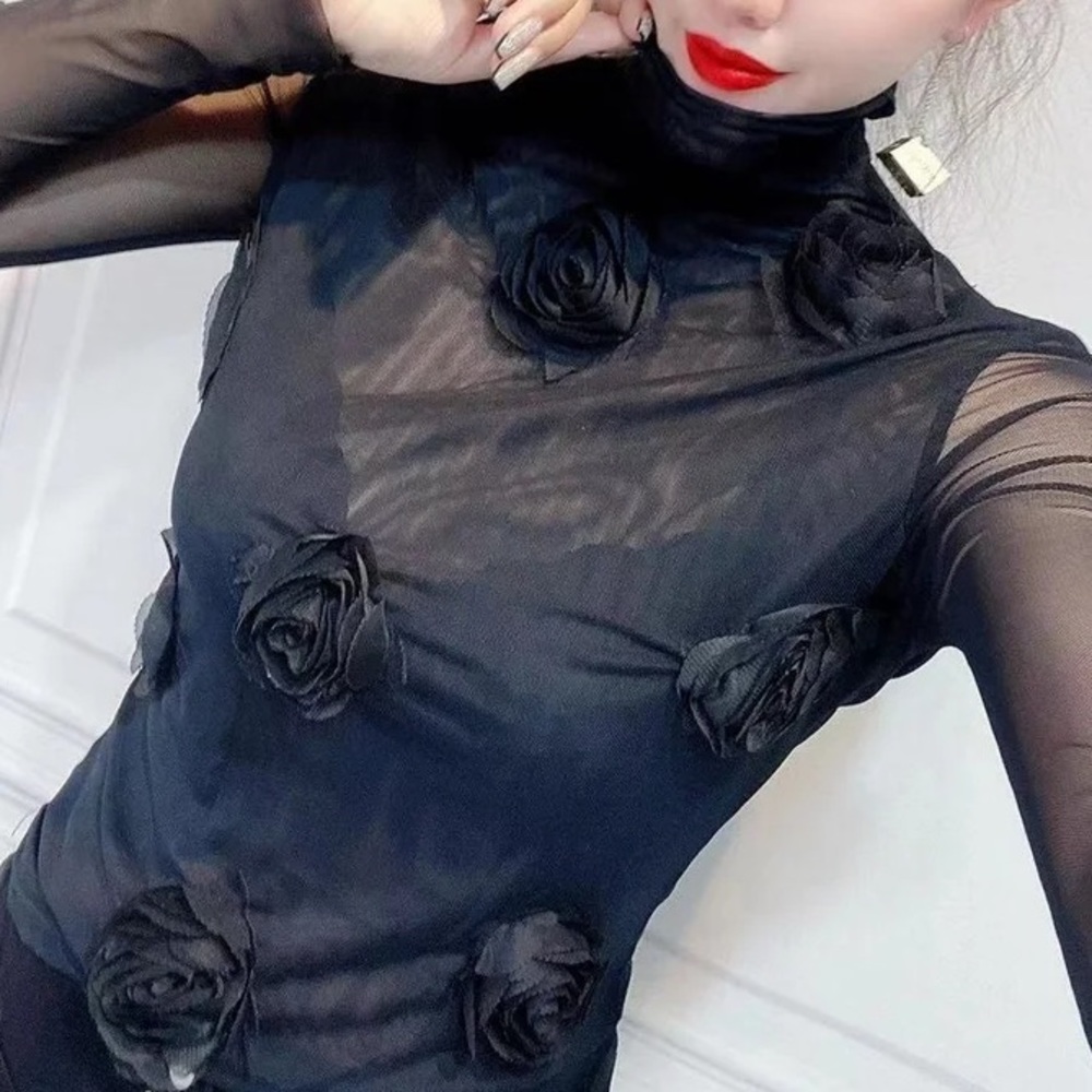 New 24’spring Summer 3-D Black Solid Flower Stret… - image 4